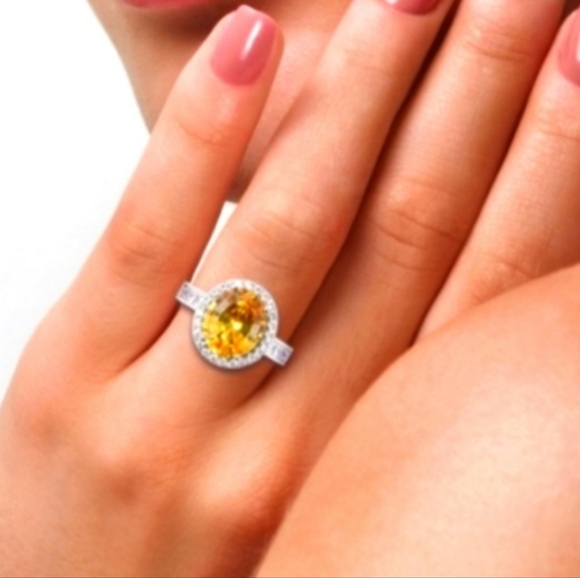 Citrine LS Swarovski Baguette Crystals Platinum Silver Halo Ring - Picture 7 of 16